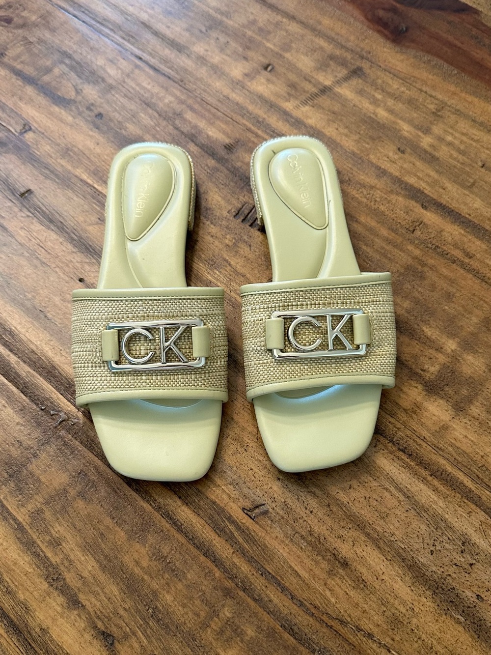 Calvin Klein Beige Straw Slide Sandals with CK Logo